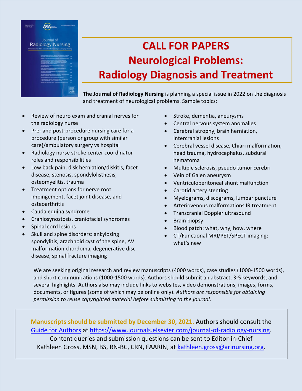 CALL for PAPERS Neurological Problems: Radiology Diagnosis and Treatment