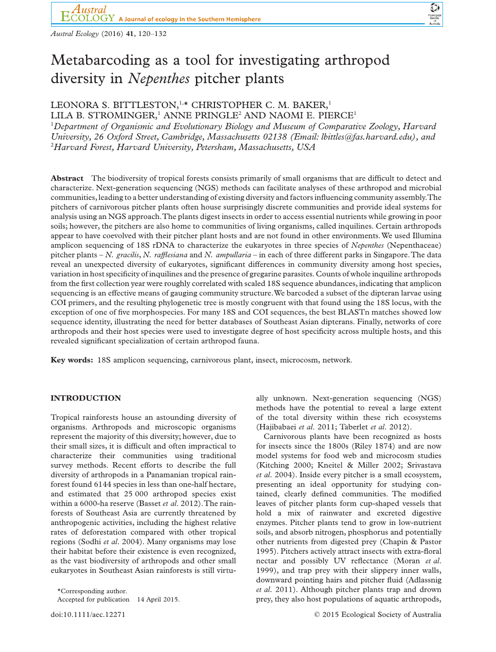 Metabarcoding As a Tool for Investigating Arthropod Diversity in Nepenthes Pitcher Plants