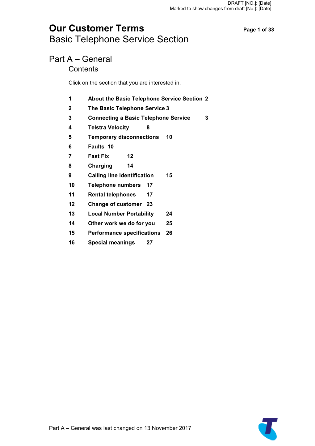 Telstra - Our Customer Terms - Basic Telephone Service Section - Part a - General