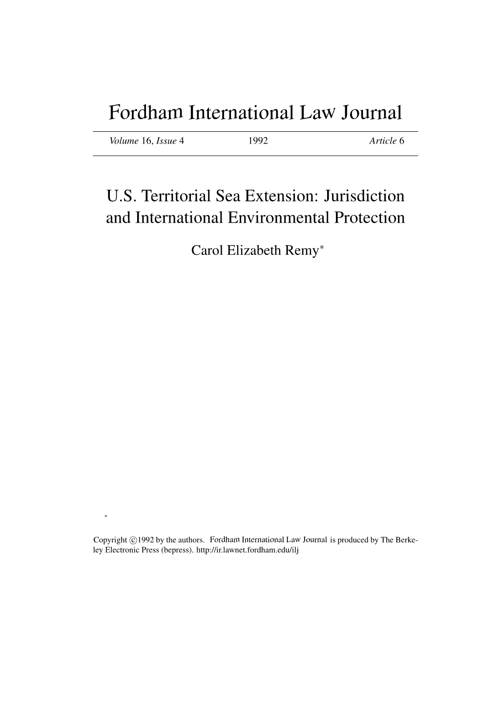 U.S. Territorial Sea Extension: Jurisdiction and International Environmental Protection