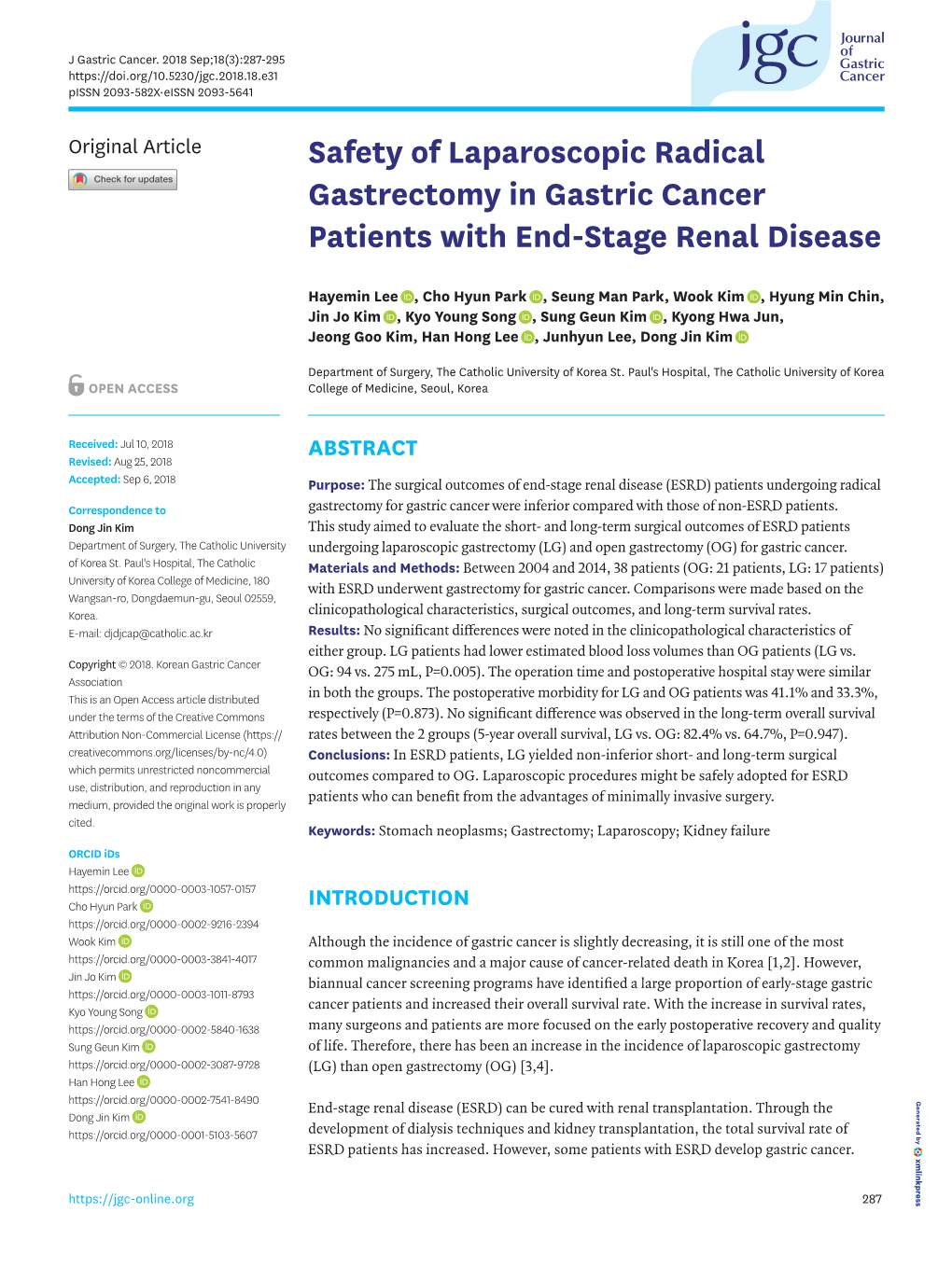 Safety of Laparoscopic Radical Gastrectomy in Gastric Cancer Patients with End-Stage Renal Disease