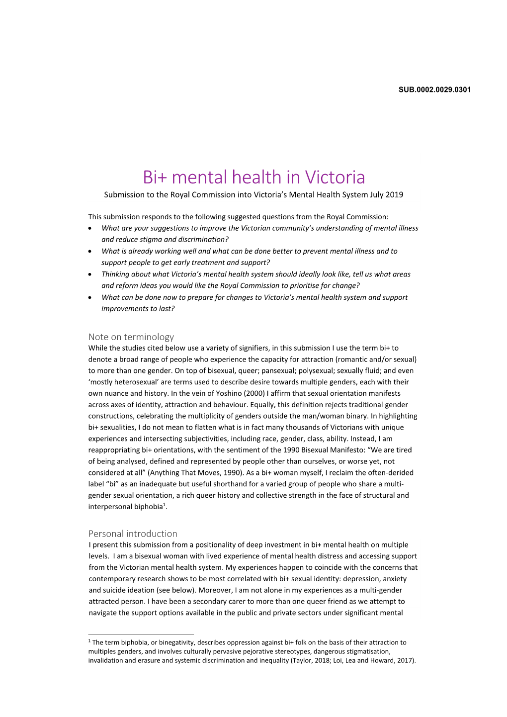 Bi+ Mental Health in Victoria Submission to the Royal Commission Into Victoria’S Mental Health System July 2019