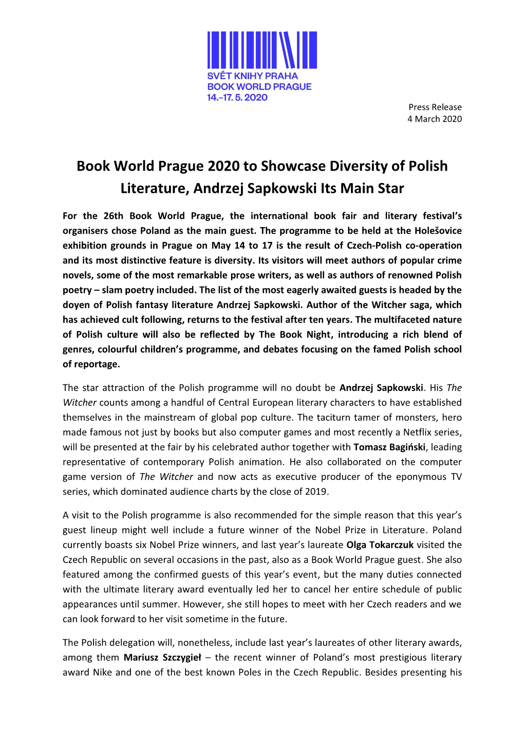 Book World Prague 2020 to Showcase Diversity of Polish Literature, Andrzej Sapkowski Its Main Star