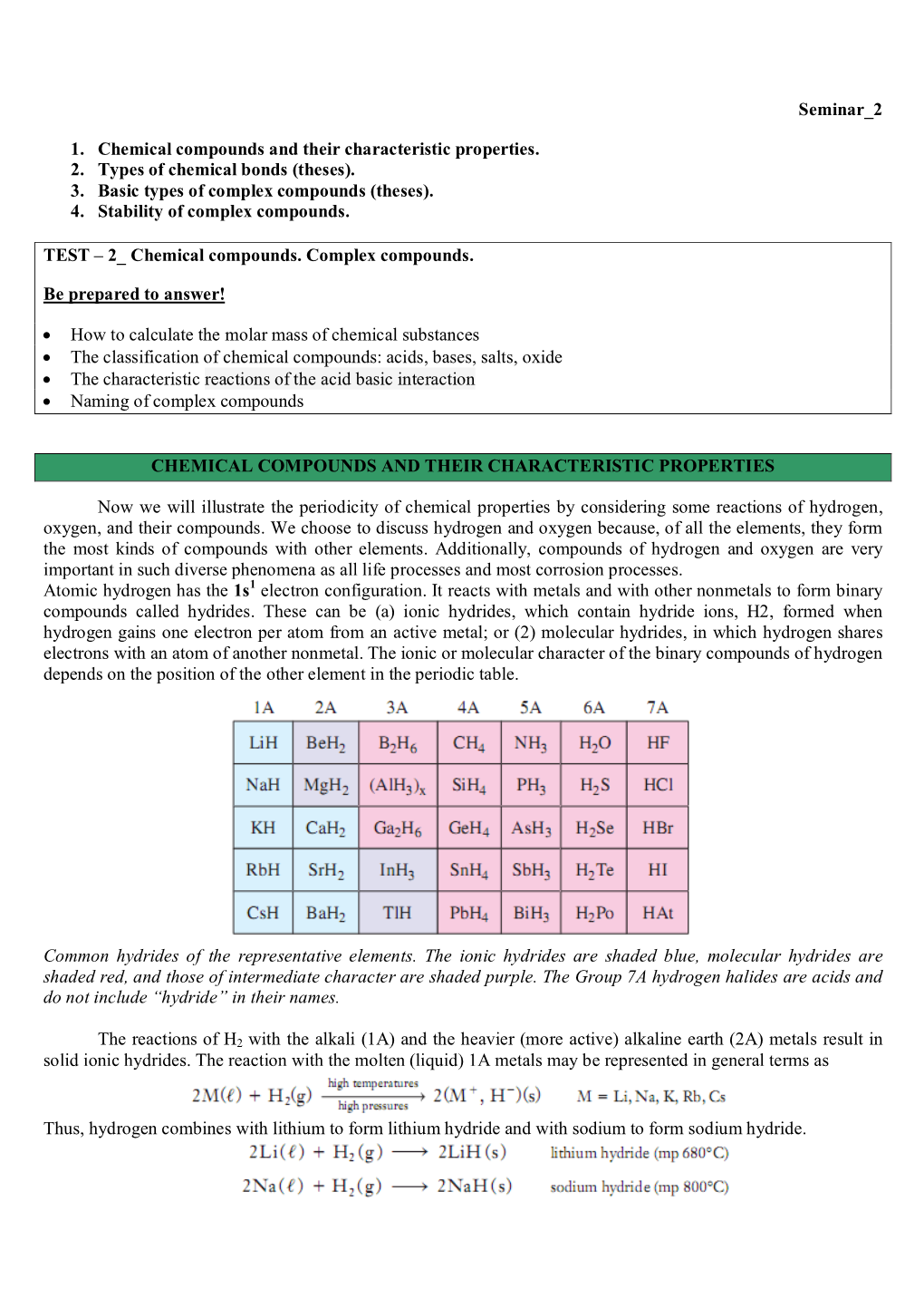 Seminar 2 1. Chemical Compounds and Their