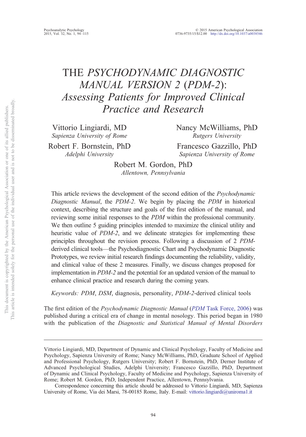 THE PSYCHODYNAMIC DIAGNOSTIC MANUAL VERSION 2 (PDM-2): Assessing Patients for Improved Clinical Practice and Research