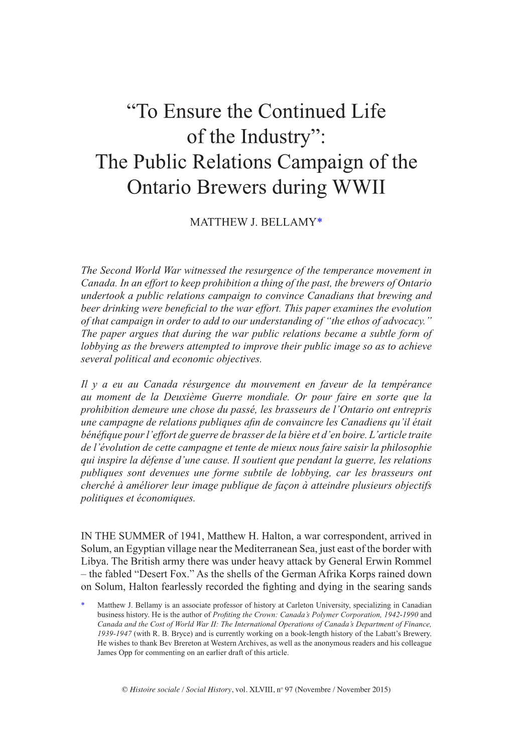 “To Ensure the Continued Life of the Industry”: the Public Relations Campaign of the Ontario Brewers During WWII