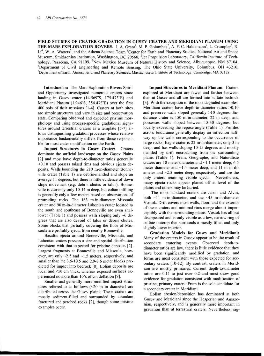 Field Studies of Crater Gradation in Gusev Crater and Meridian1 Planum Using the Mars Exploration Rovers