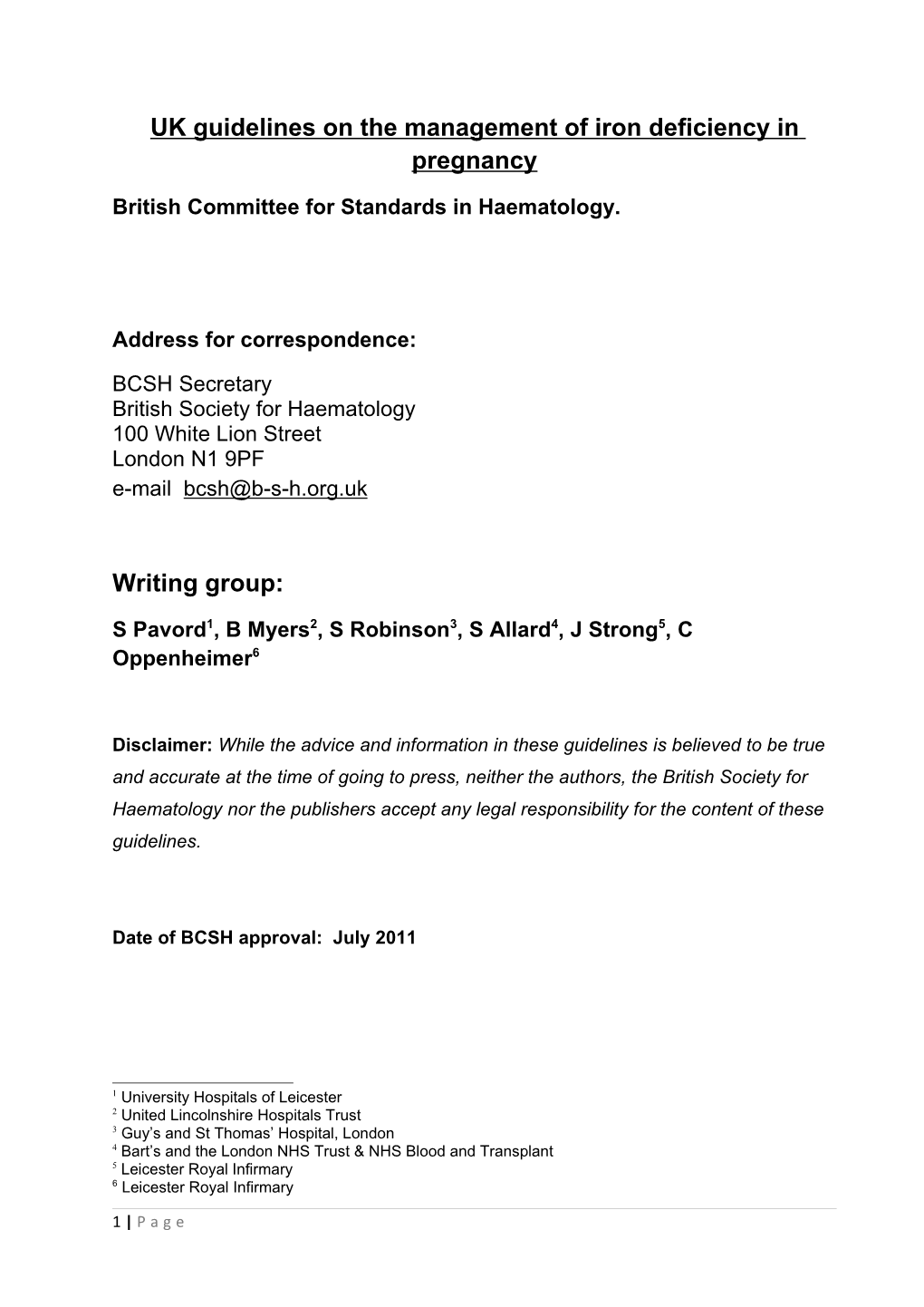 UK Guidelines on the Management of Iron Deficiency in Pregnancy