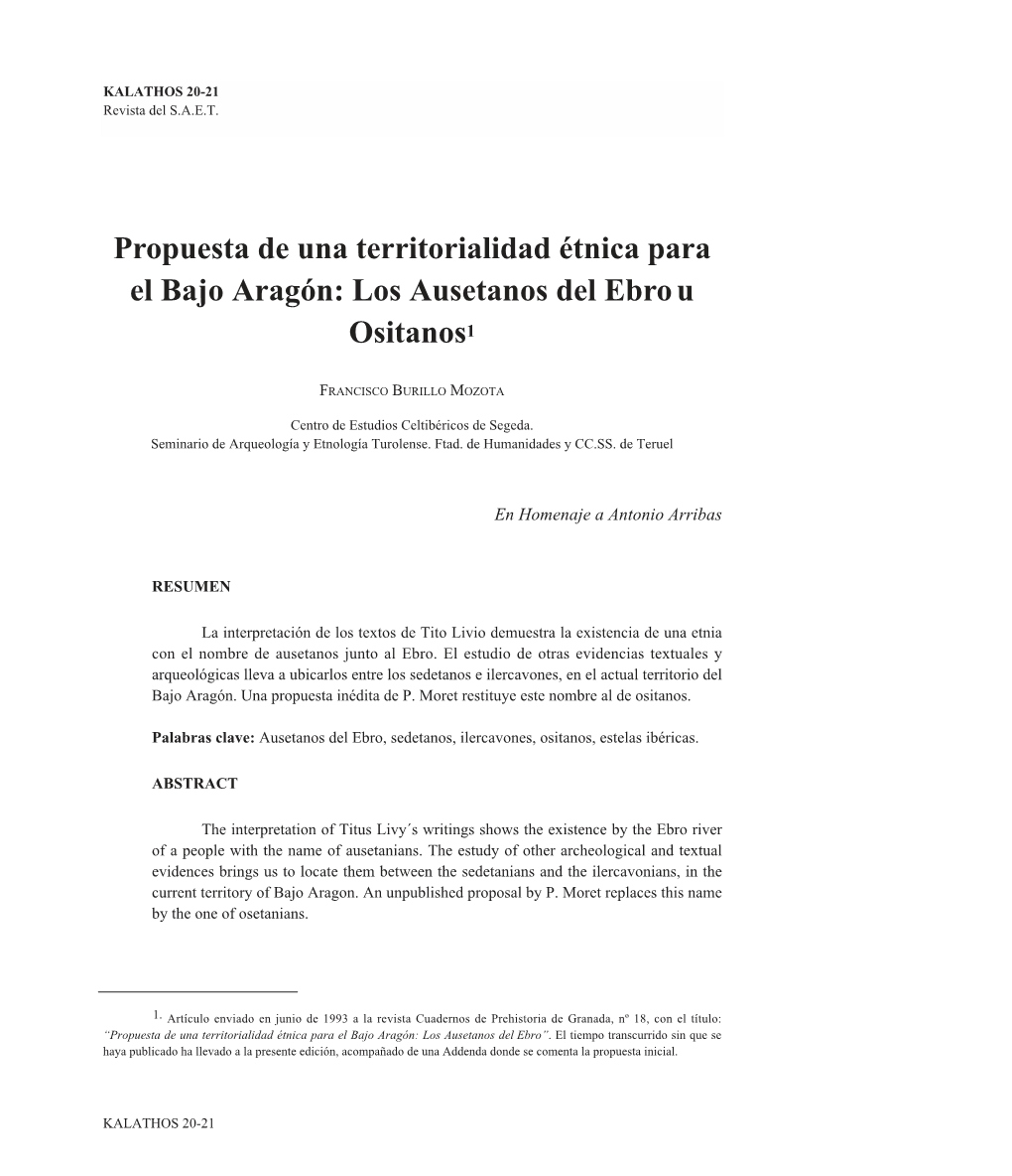 Propuesta De Una Territorialidad Étnica Para El Bajo Aragón: Los Ausetanos Del Ebro U Ositanos1