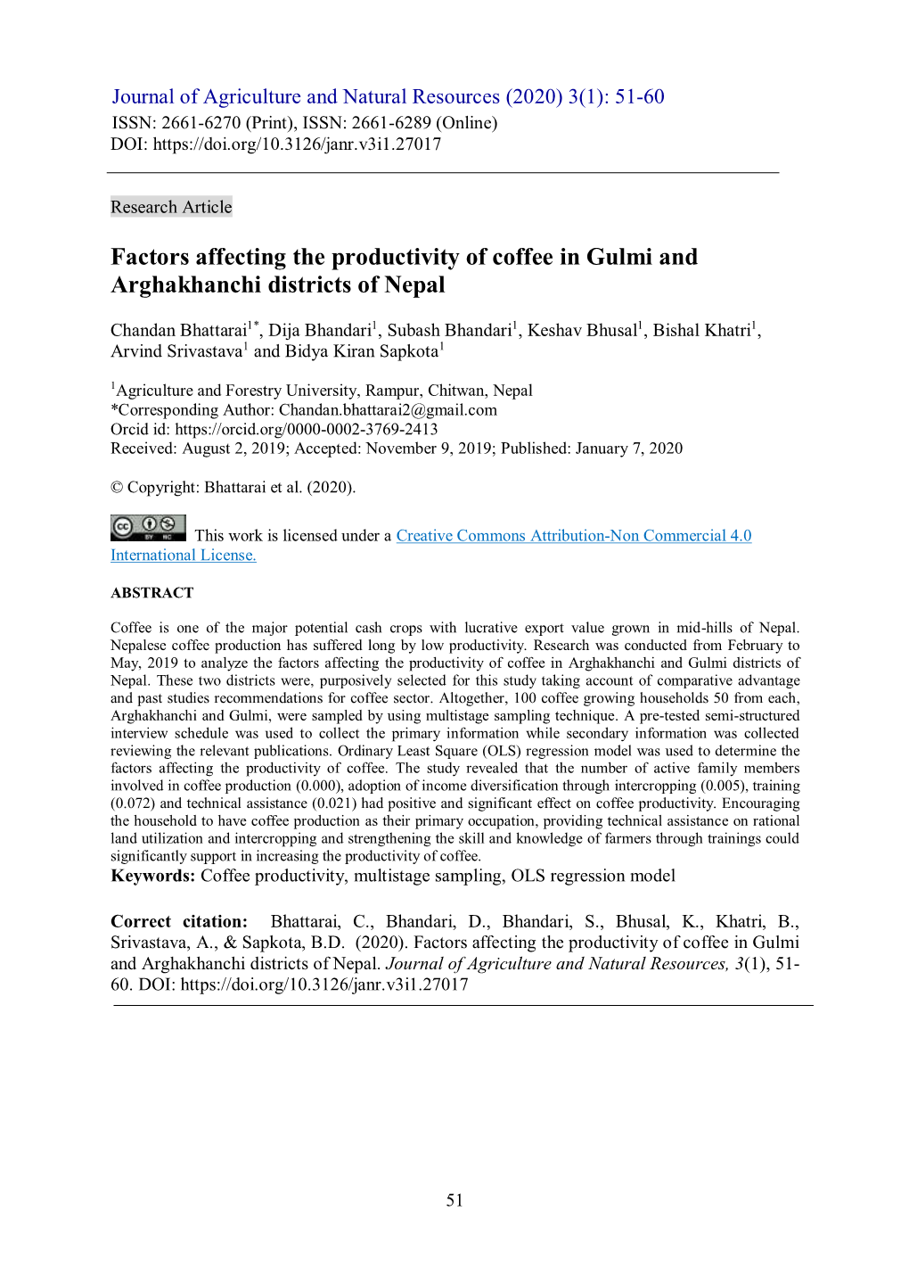 Factors Affecting the Productivity of Coffee in Gulmi and Arghakhanchi Districts of Nepal