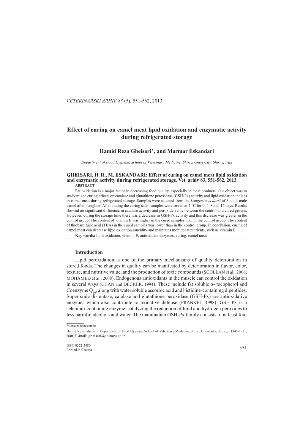 Effect of Curing on Camel Meat Lipid Oxidation and Enzymatic Activity