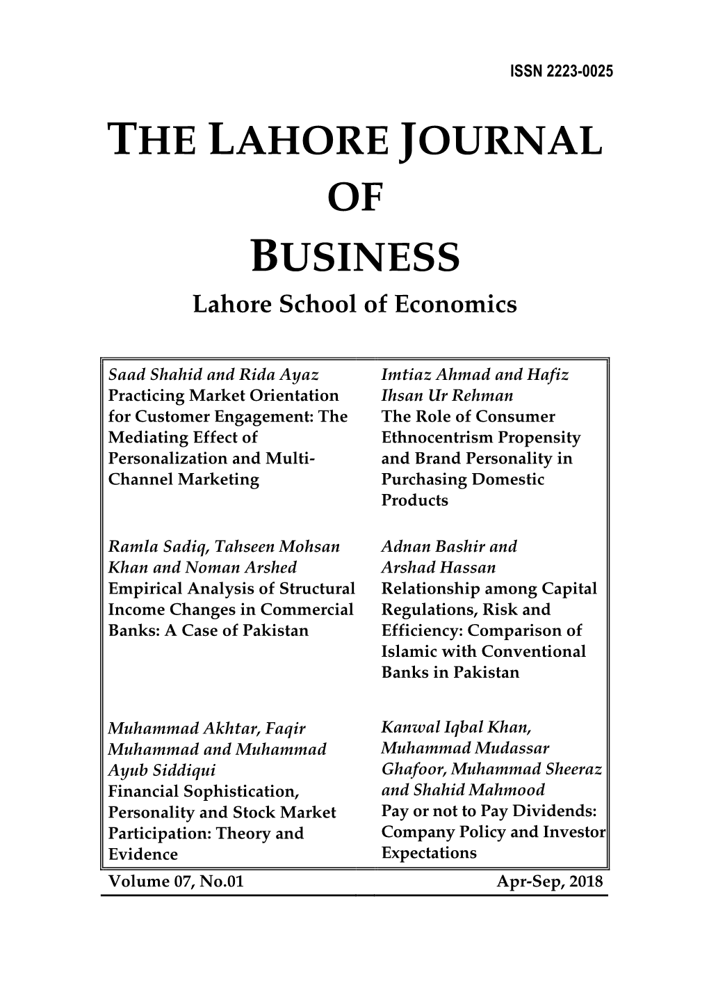 THE LAHORE JOURNAL of BUSINESS Lahore School of Economics