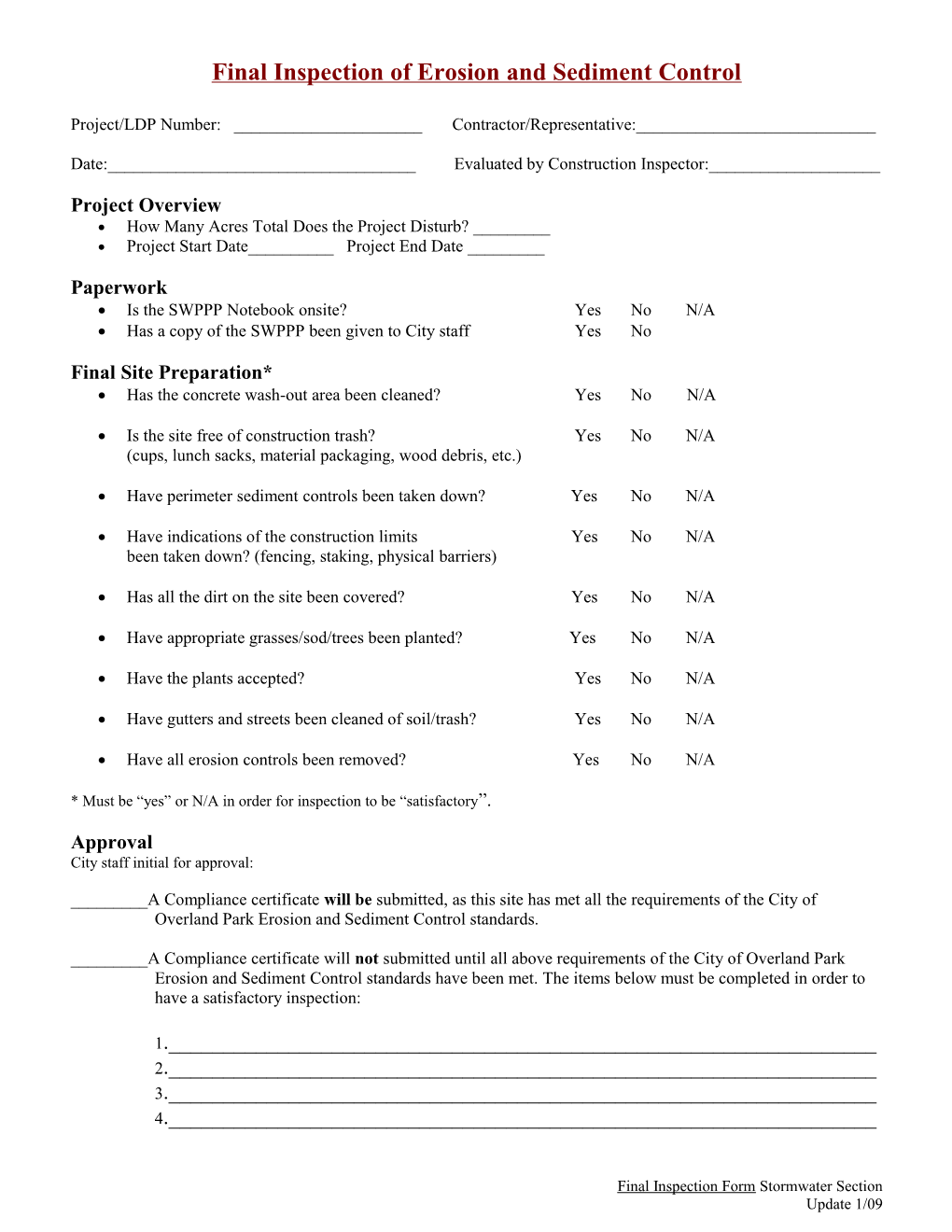 Erosion Control Inspection Checklist