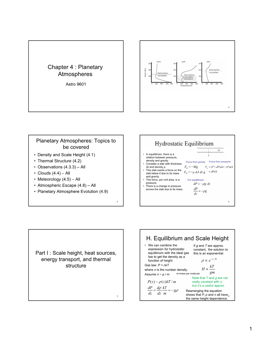 Chapter 4 : Planetary Atmospheres H. Equilibrium and Scale Height