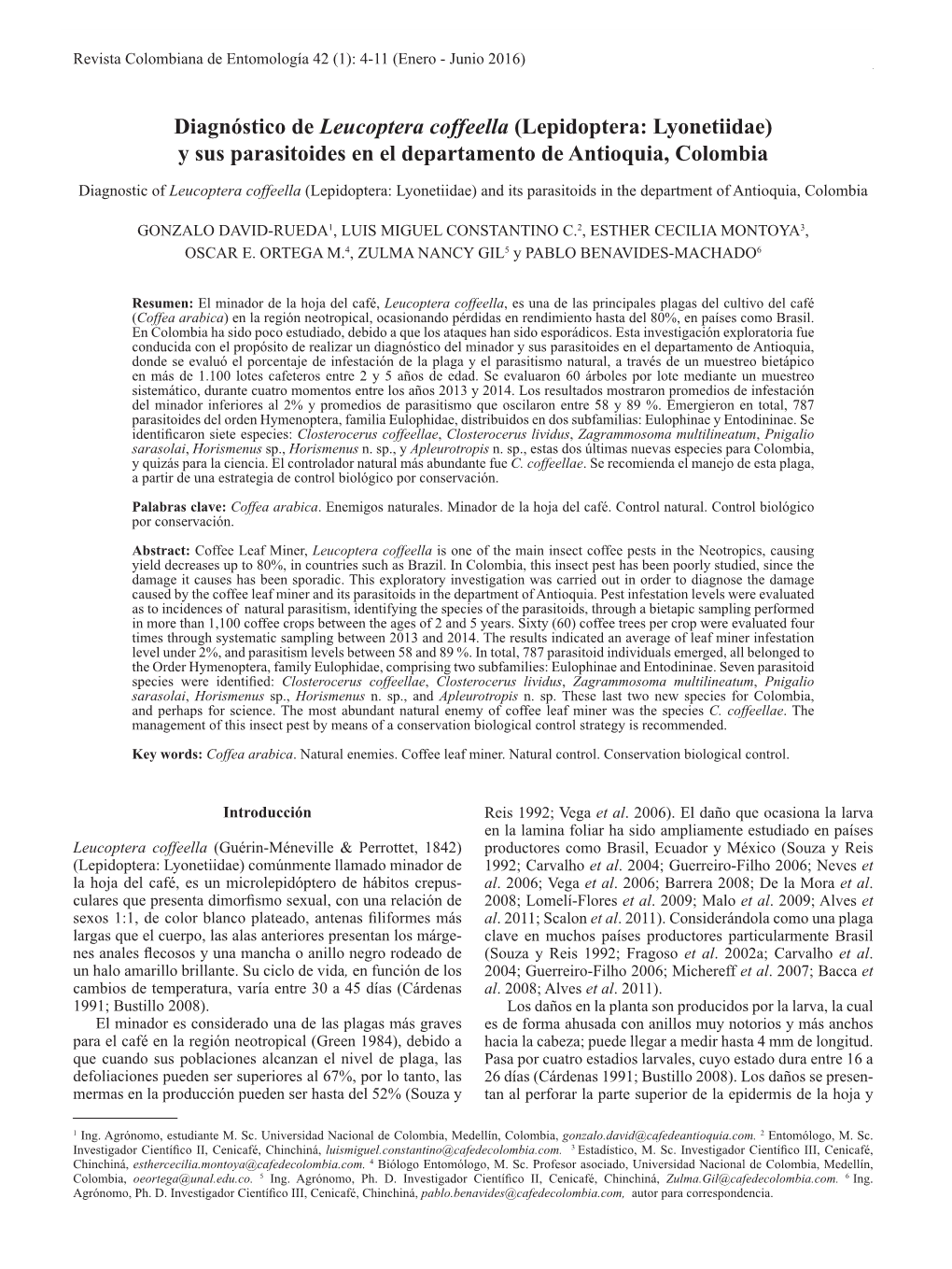 Diagnóstico De Leucoptera Coffeella (Lepidoptera: Lyonetiidae) Y Sus Parasitoides En El Departamento De Antioquia, Colombia