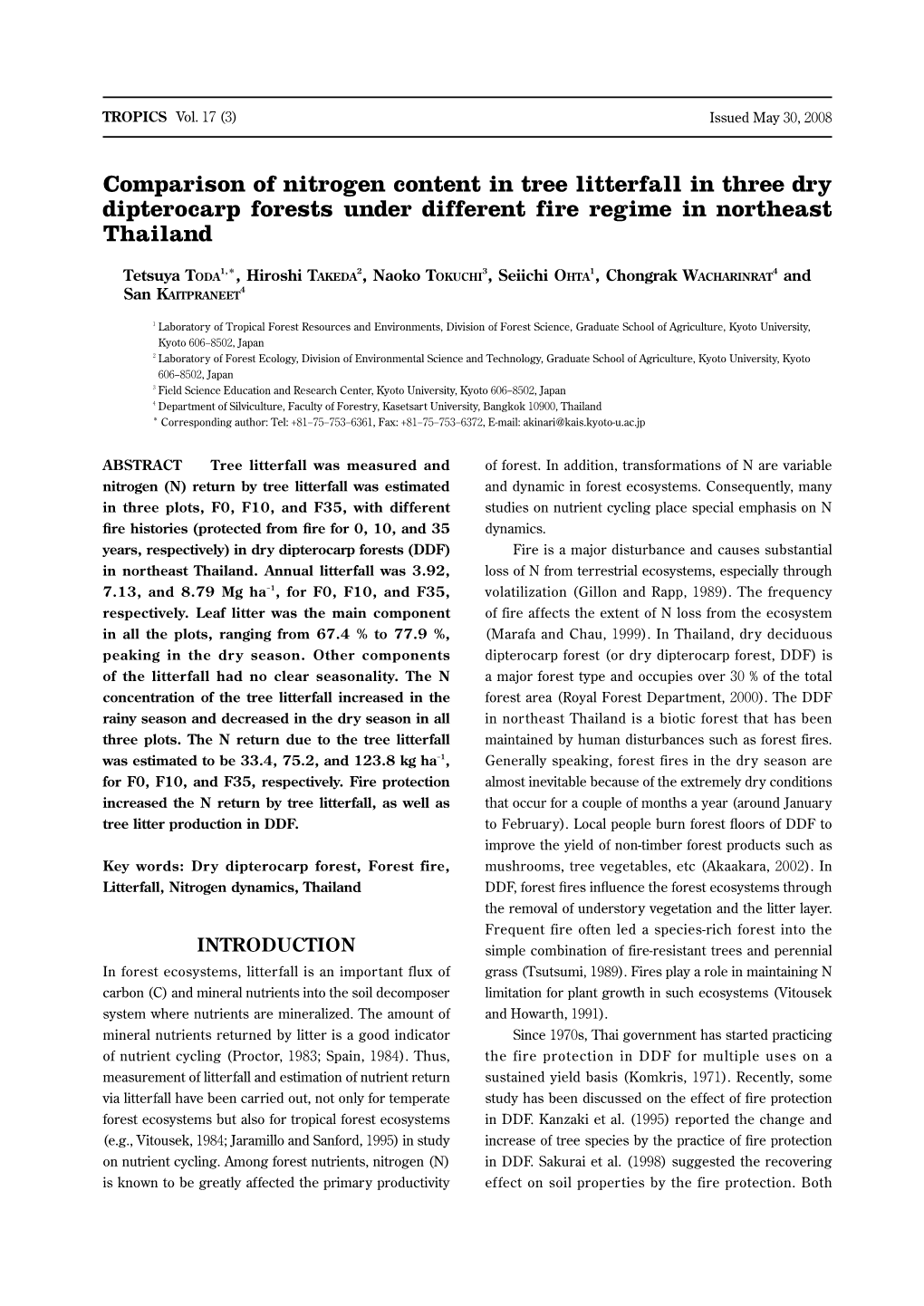 Comparison of Nitrogen Content in Tree Litterfall in Three Dry Dipterocarp Forests Under Different Fire Regime in Northeast Thailand