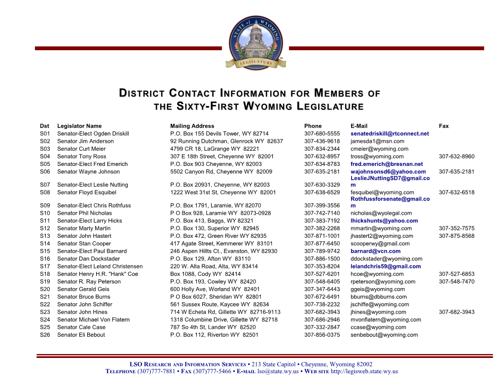 Contact Information for the Sixty-First Wyoming Legislature Page 2 of 3