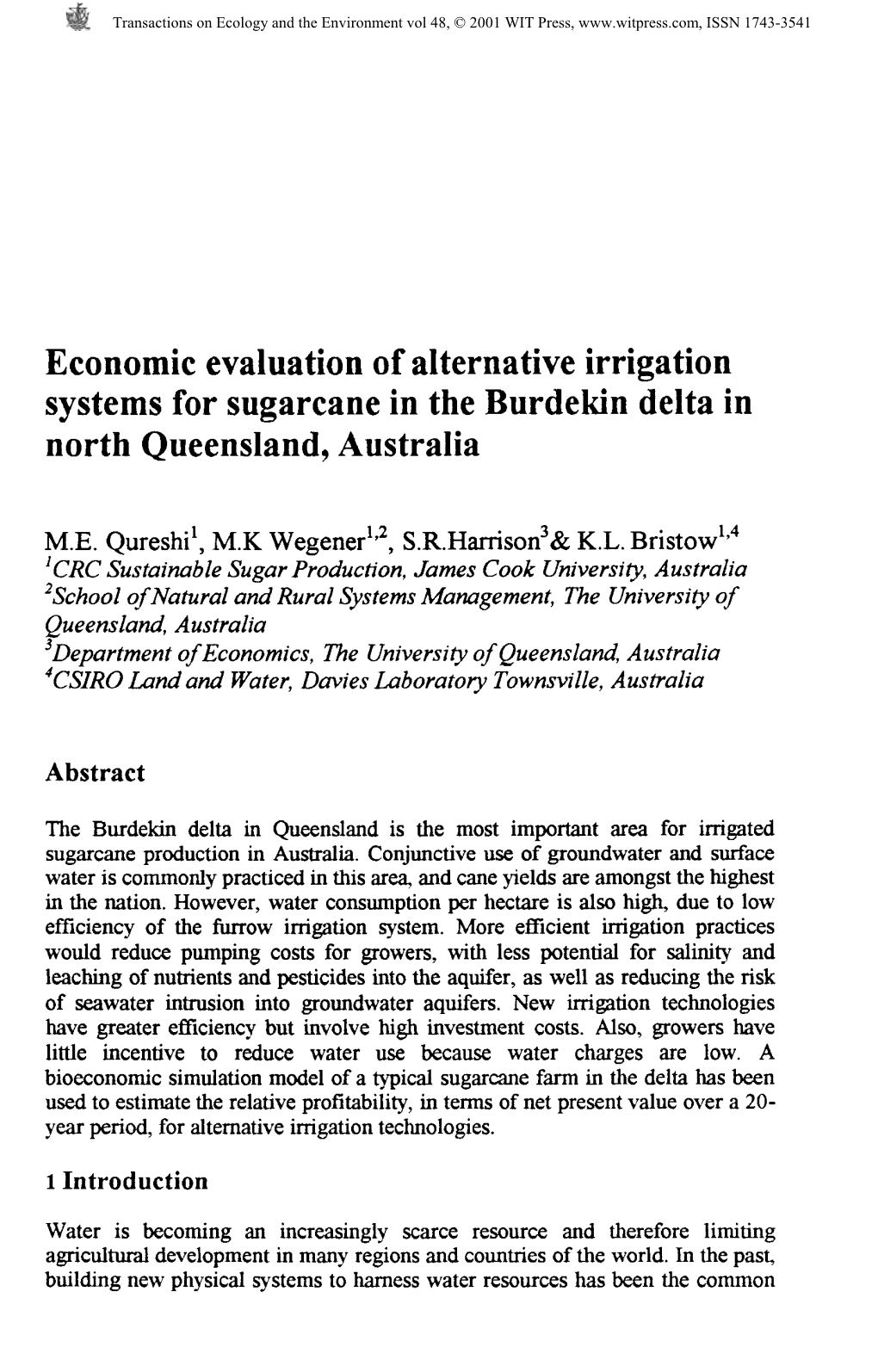 Economic Evaluation of Alternative Irrigation Systems for Sugarcane in the Burdekin Delta in North Queensland, Australia