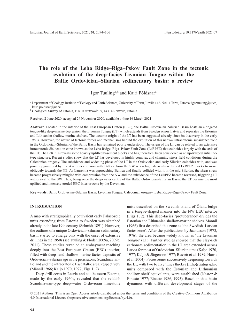 The Role of the Leba Ridge–Riga–Pskov Fault Zone in the Tectonic