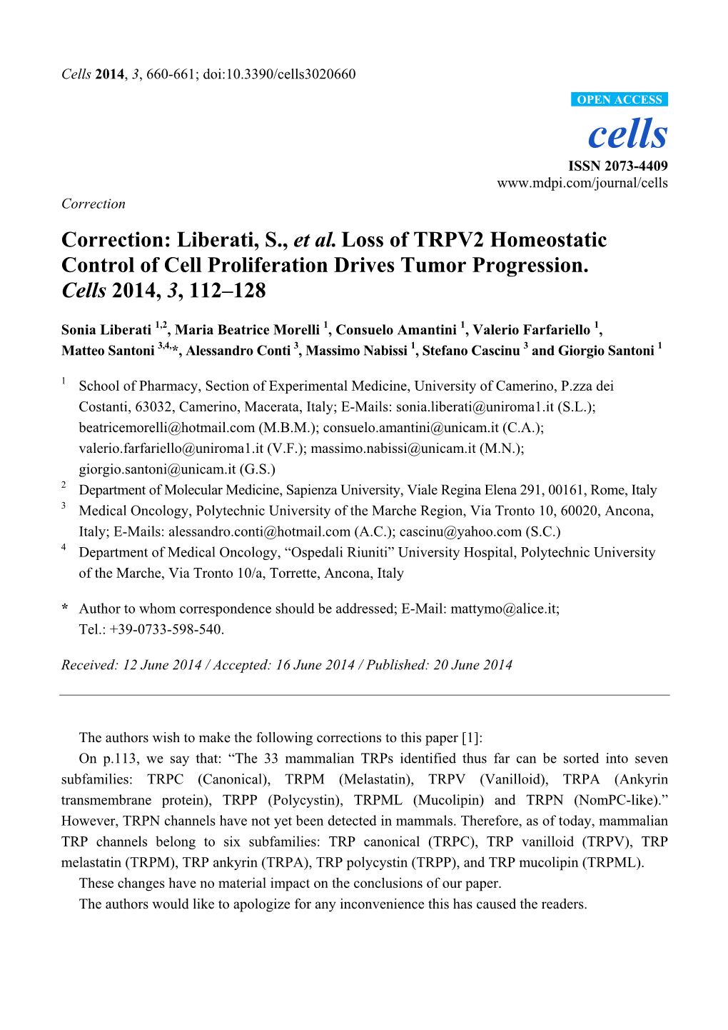Correction: Liberati, S., Et Al. Loss of TRPV2 Homeostatic Control of Cell Proliferation Drives Tumor Progression