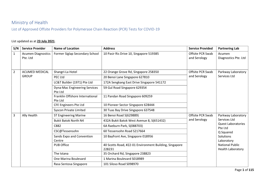 Ministry of Health List of Approved Offsite Providers for Polymerase Chain Reaction (PCR) Tests for COVID-19