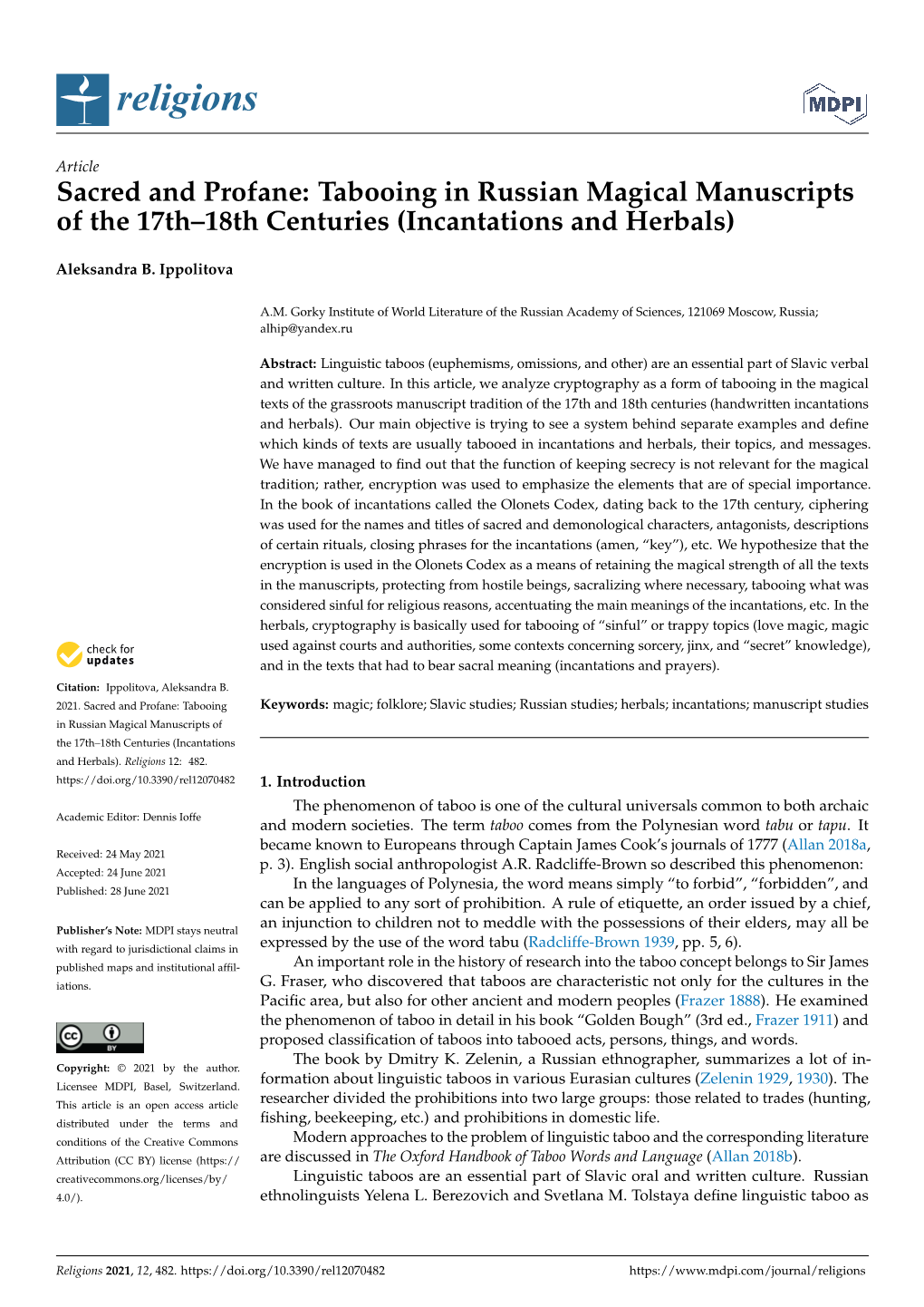 Tabooing in Russian Magical Manuscripts of the 17Th–18Th Centuries (Incantations and Herbals)