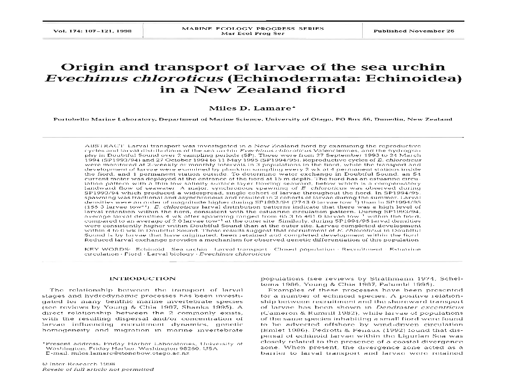 Origin and Transport of Larvae of the Sea Urchin Evechinus Chloroticus (Echinodermata: Echinoidea) in a New Zealand Fiord