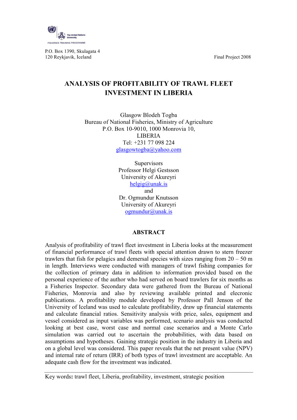 Analysis of Profitability of Trawl Fleet Investment in Liberia