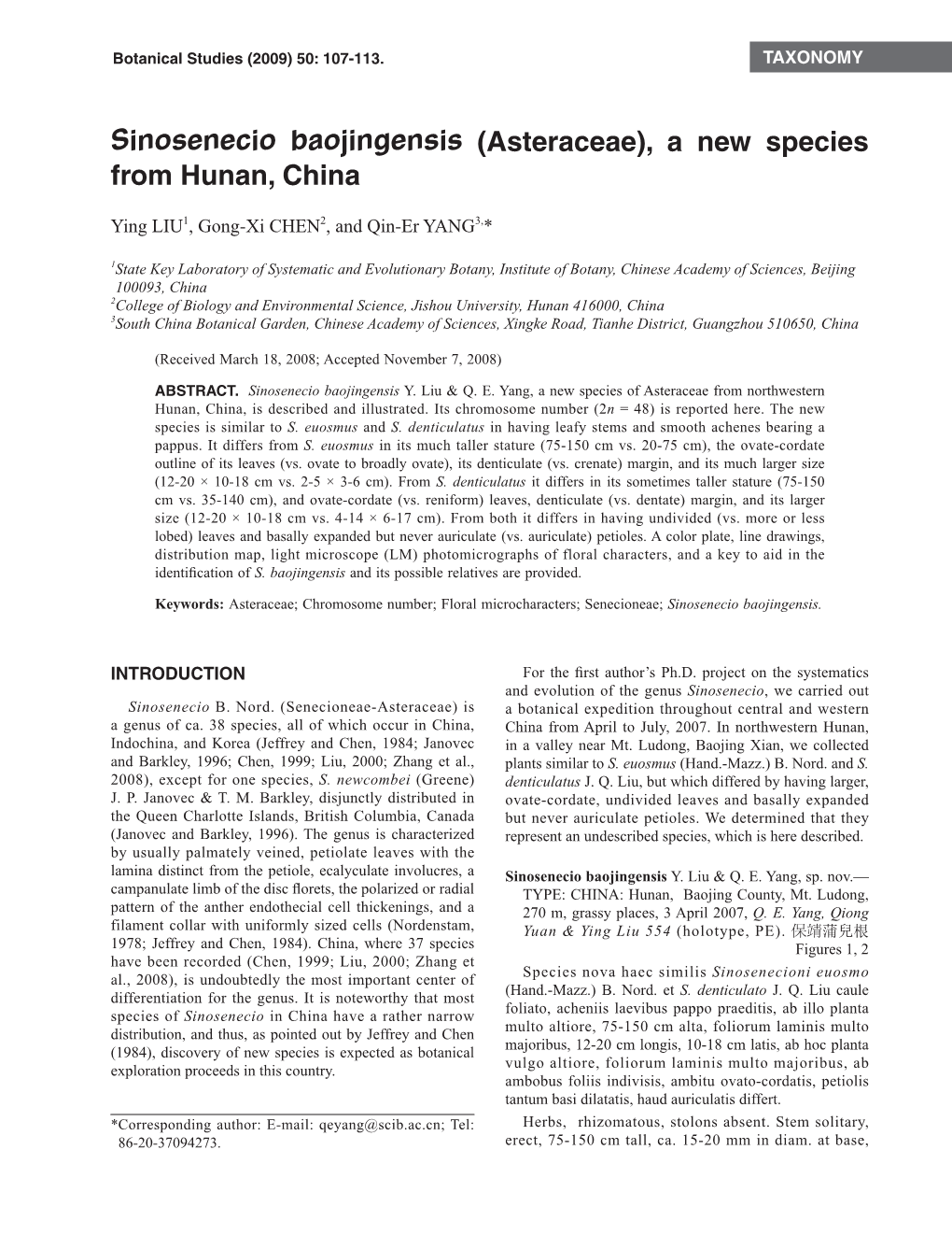 Sinosenecio Baojingensis (Asteraceae), a New Species from Hunan, China