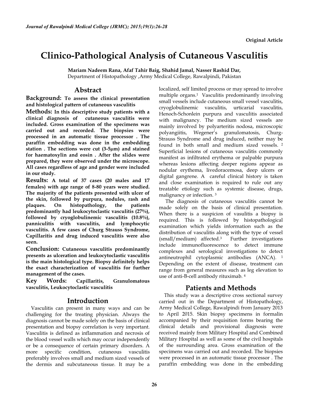 Clinico-Pathological Analysis of Cutaneous Vasculitis