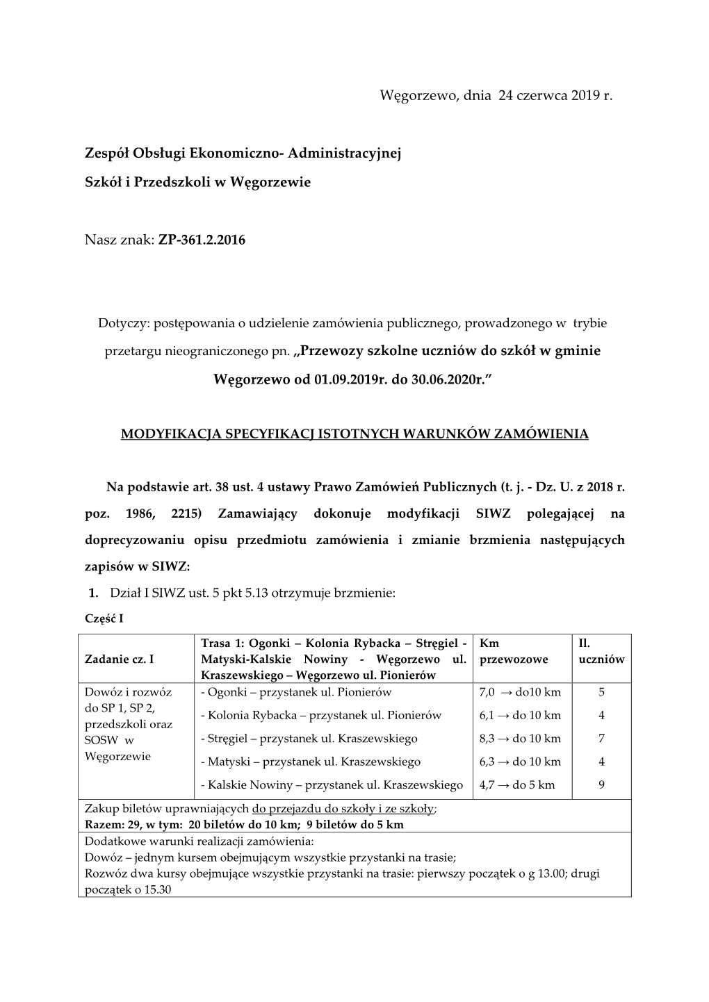 Węgorzewo, Dnia 24 Czerwca 2019 R. Zespół Obsługi Ekonomiczno- Administracyjnej Szkół I Przedszkoli W Węgorzewie Nasz Zn