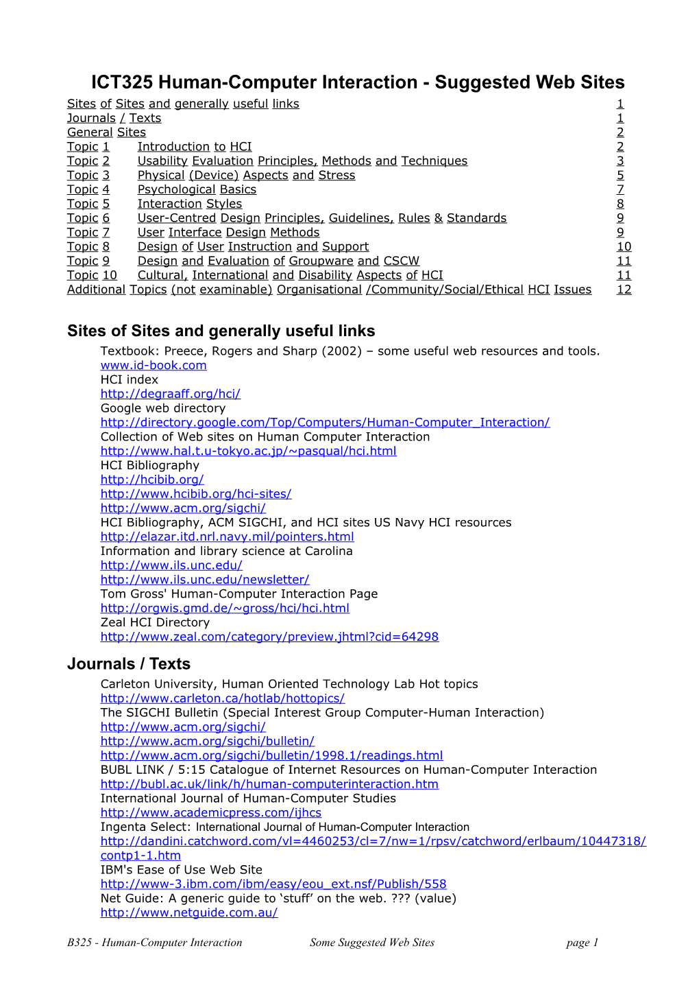 B325 Human-Computer Interaction - Suggested Web Sites