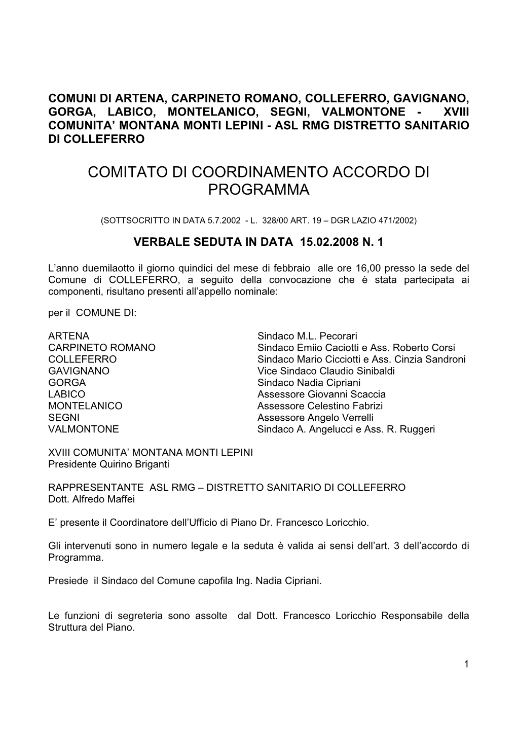 Comitato Di Coordinamento Accordo Di Programma