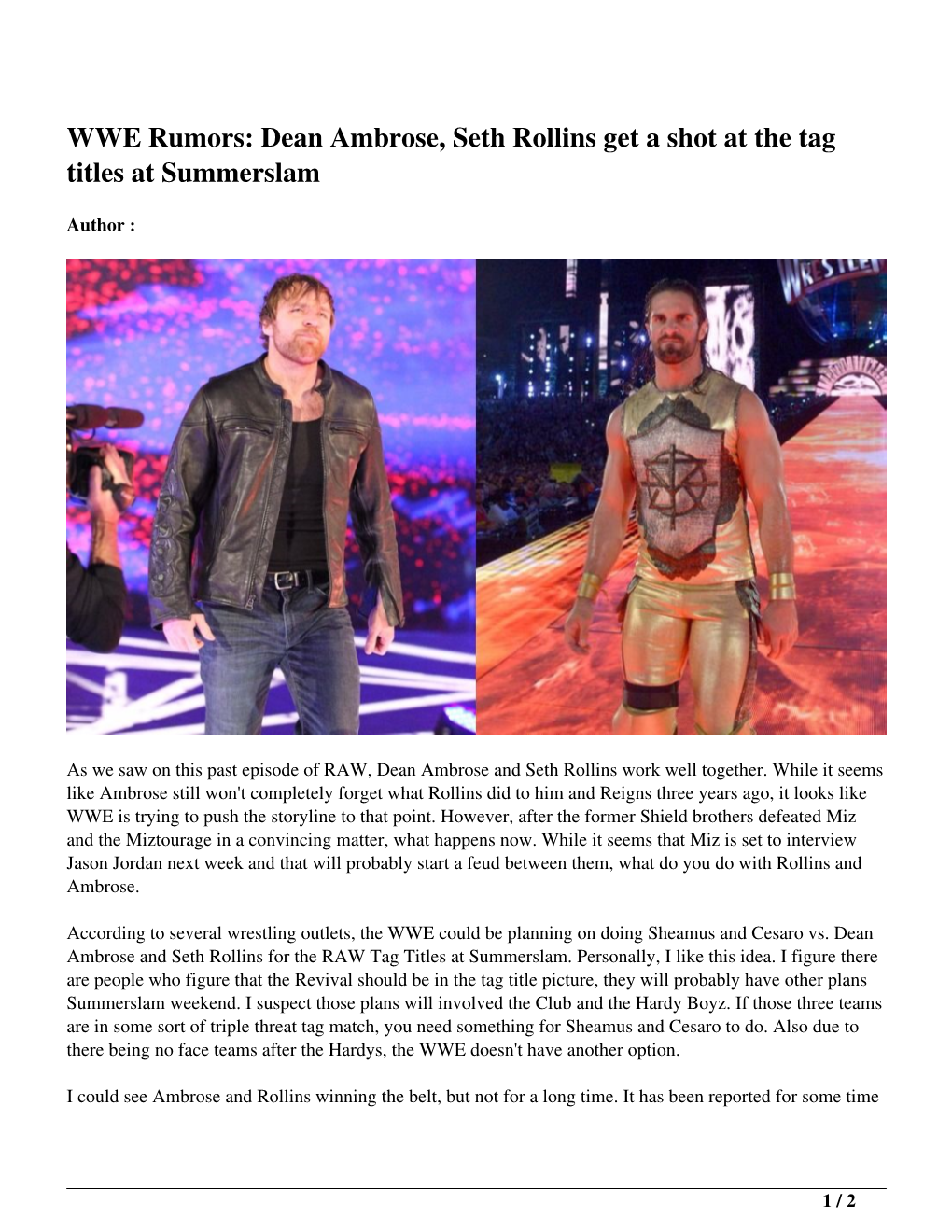WWE Rumors: Dean Ambrose, Seth Rollins Get a Shot at the Tag Titles at Summerslam