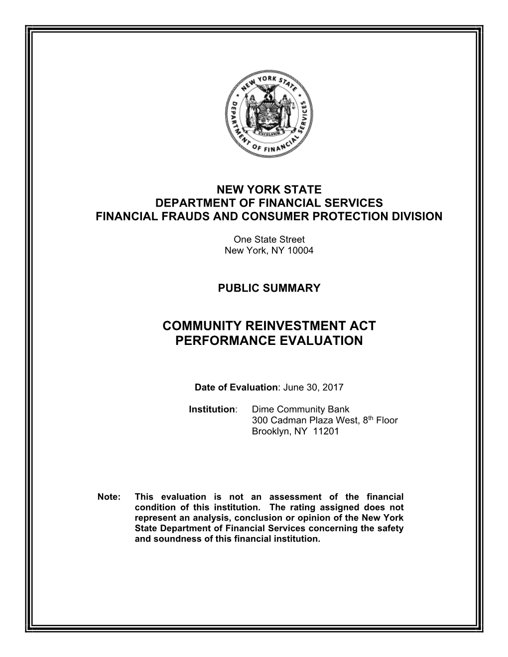 Community Reinvestment Act Performance Evaluation