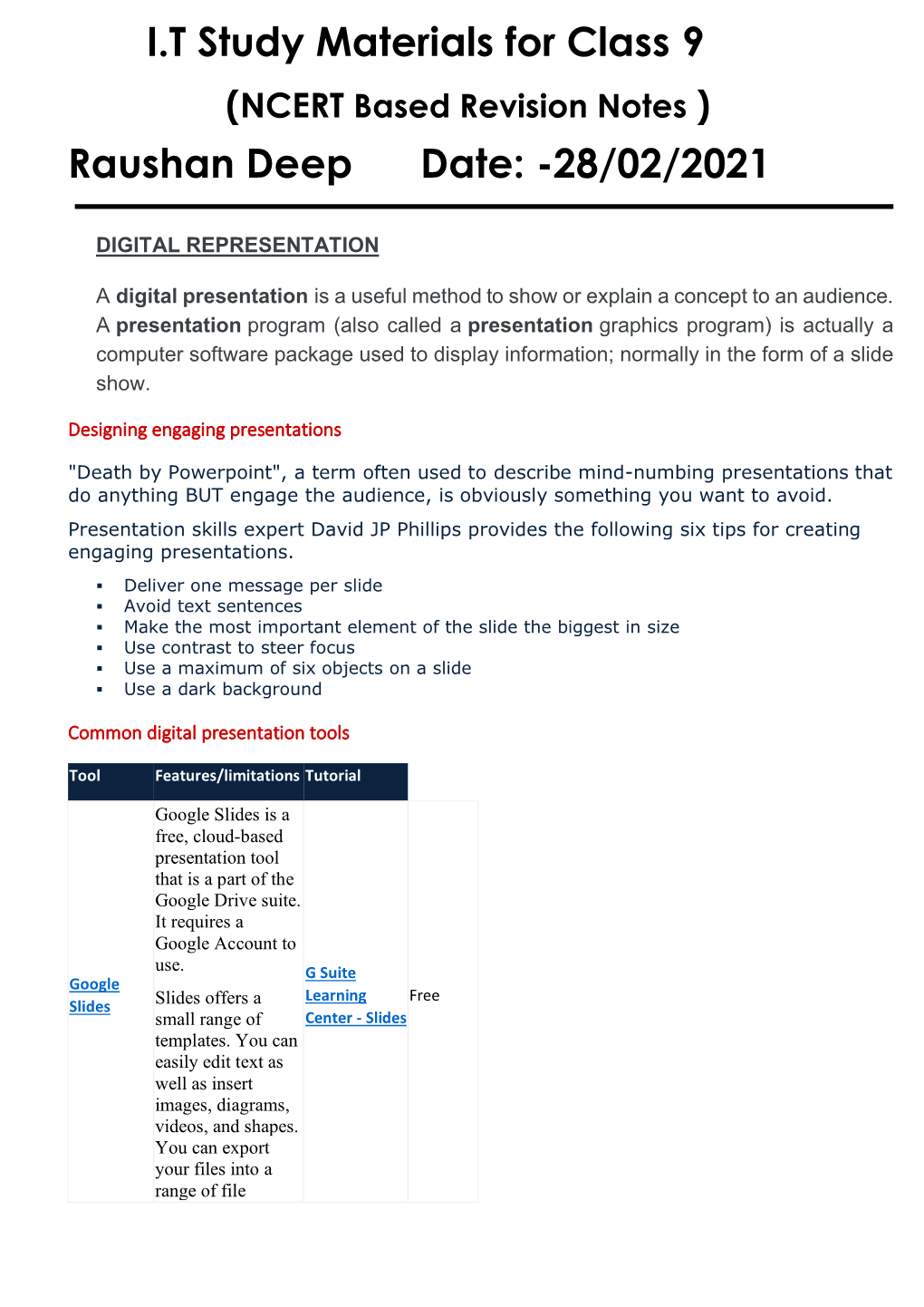 I.T Study Materials for Class 9 Raushan Deep Date: -28/02/2021