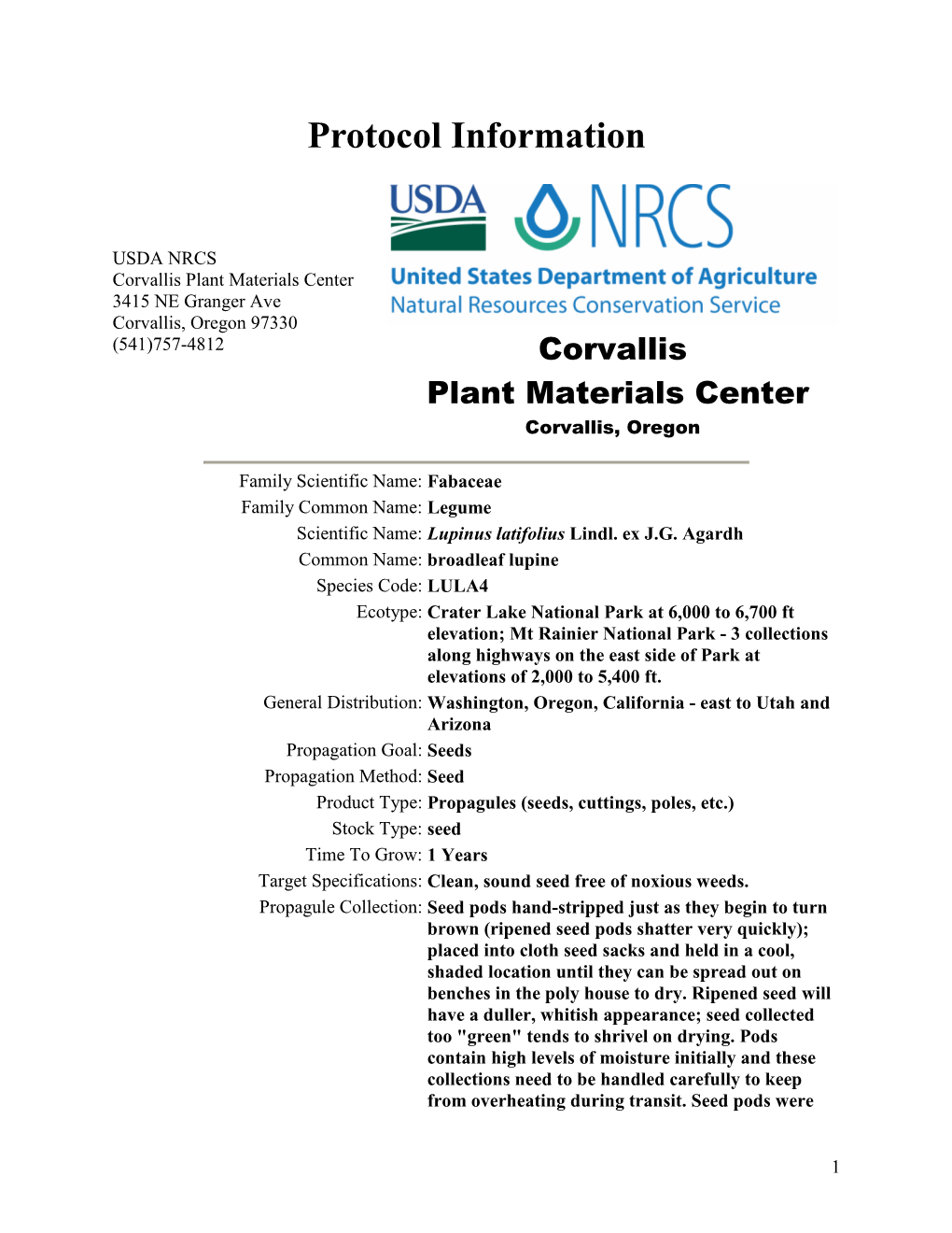 Propagation Protocol for Production of Lupinus Latifolius Lindl