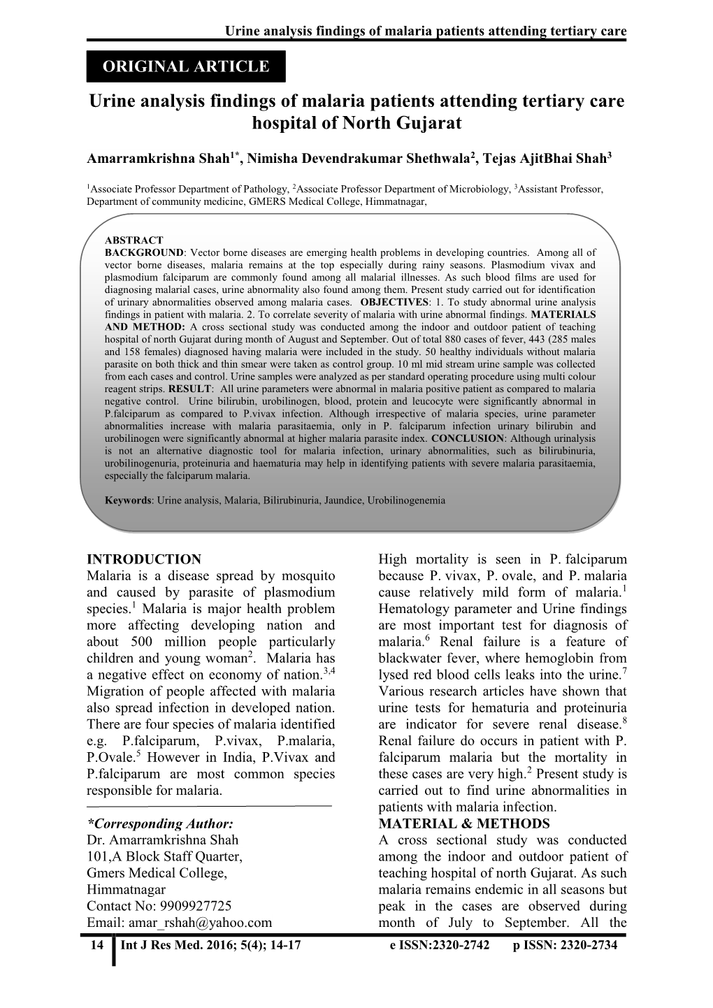 Urine Analysis Findings of Malaria Patients Attending Tertiary Care