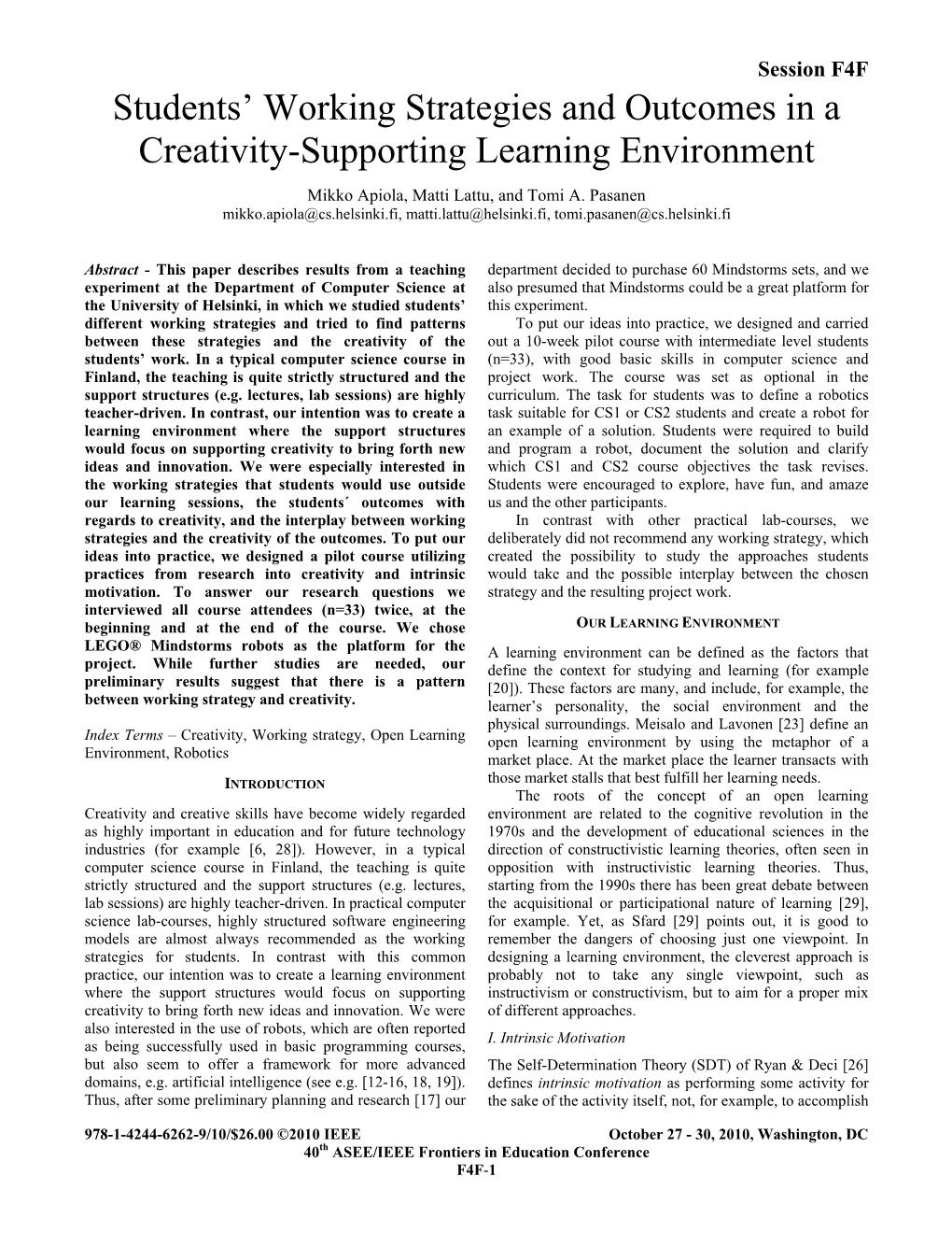 Students' Working Strategies and Outcomes in a Creativity-Supporting Learning Environment