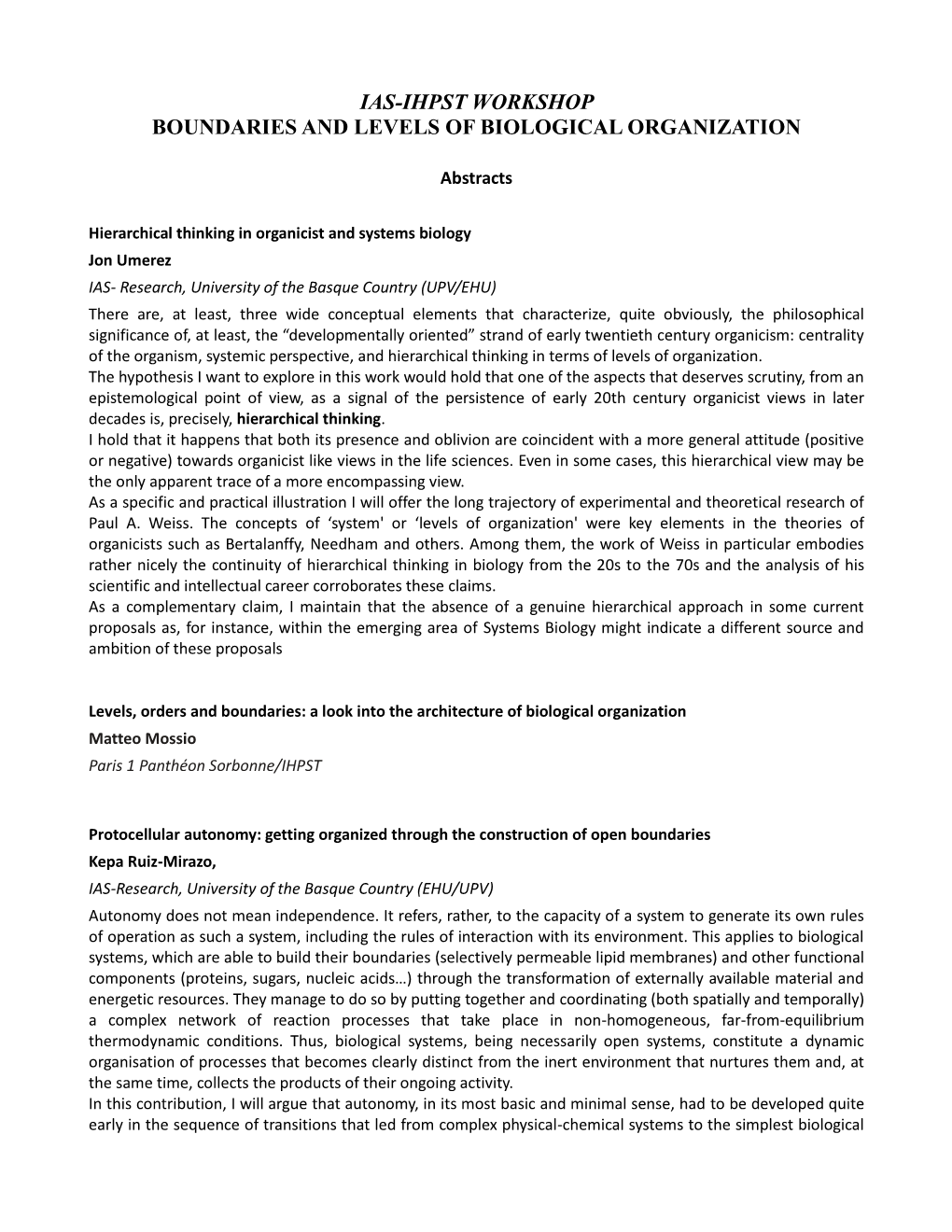 Ias-Ihpst Workshop Boundaries and Levels of Biological Organization