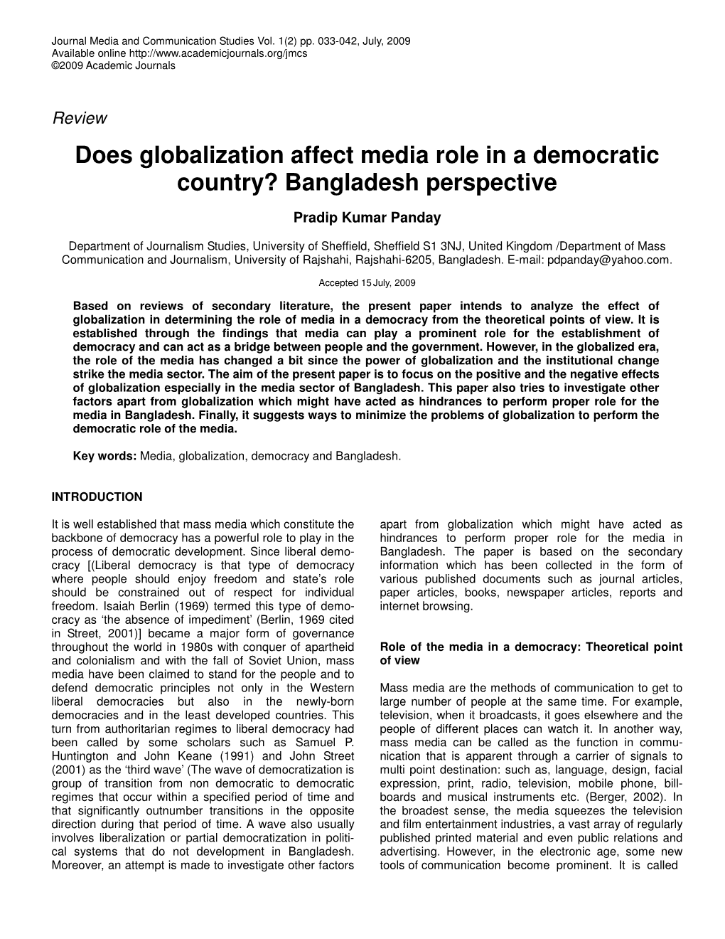 Does Globalization Affect Media Role in a Democratic Country? Bangladesh Perspective