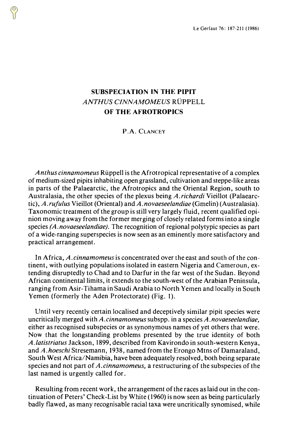 Subspeciation in the Pipit Anthus Cinnamomeus Rüppell of the Afrotropics