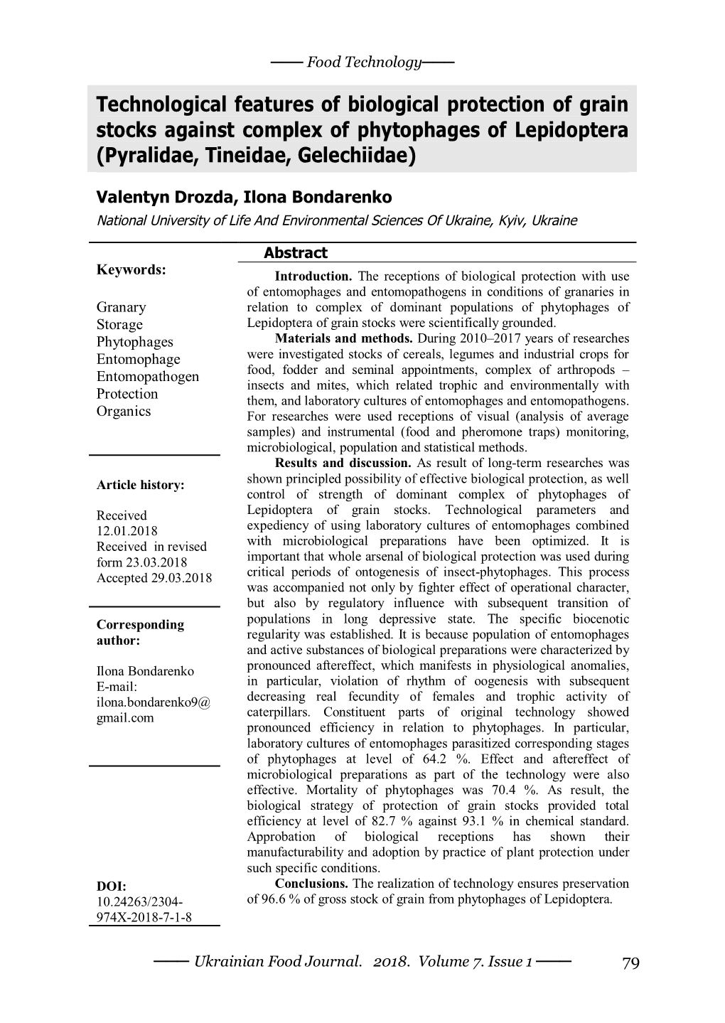 Technological Features of Biological Protection of Grain Stocks Against Complex of Phytophages of Lepidoptera (Pyralidae, Tineidae, Gelechiidae)