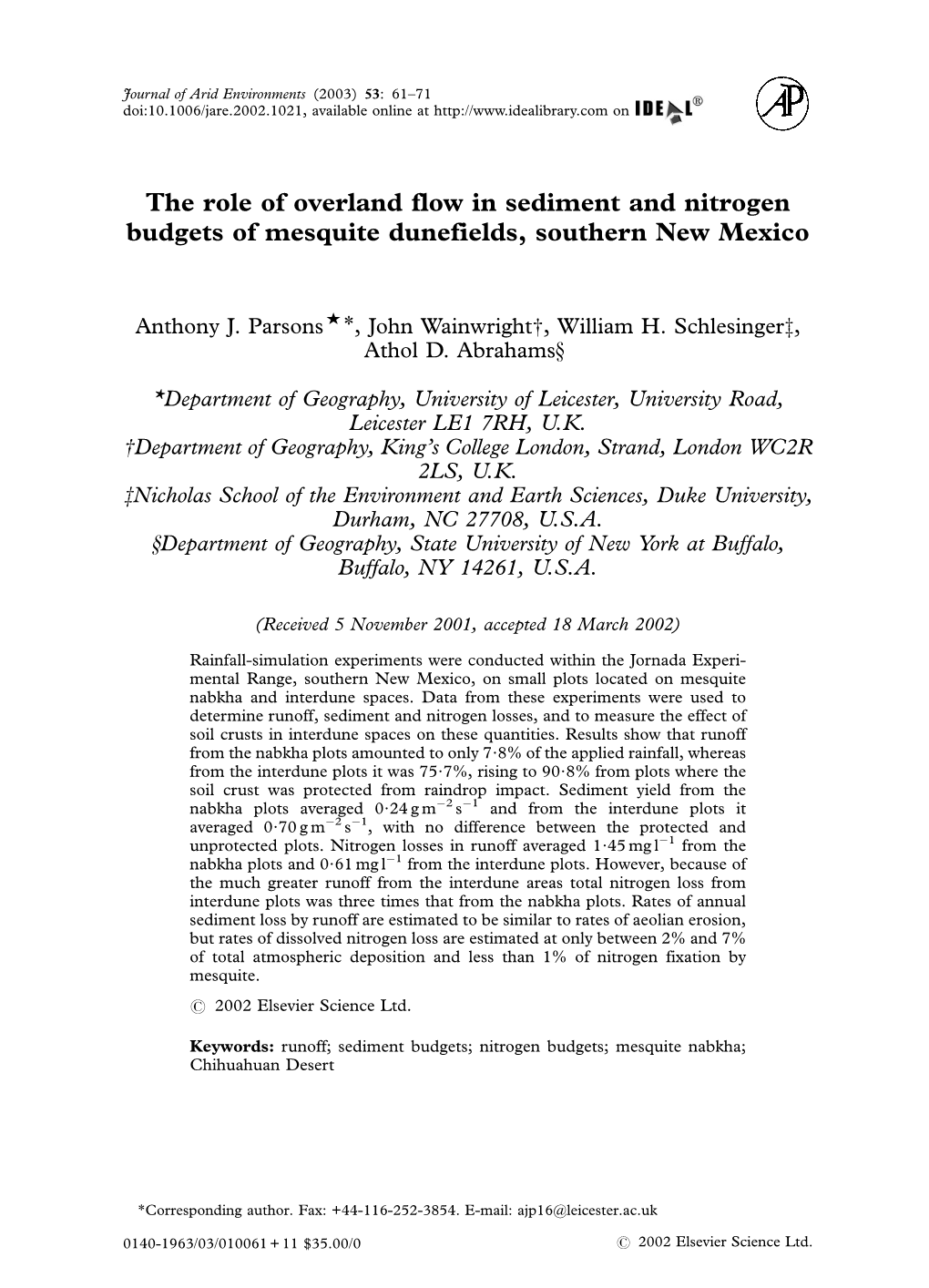 The Role of Overland Flow in Sediment and Nitrogen Budgets of Mesquite Dunefields, Southern New Mexico