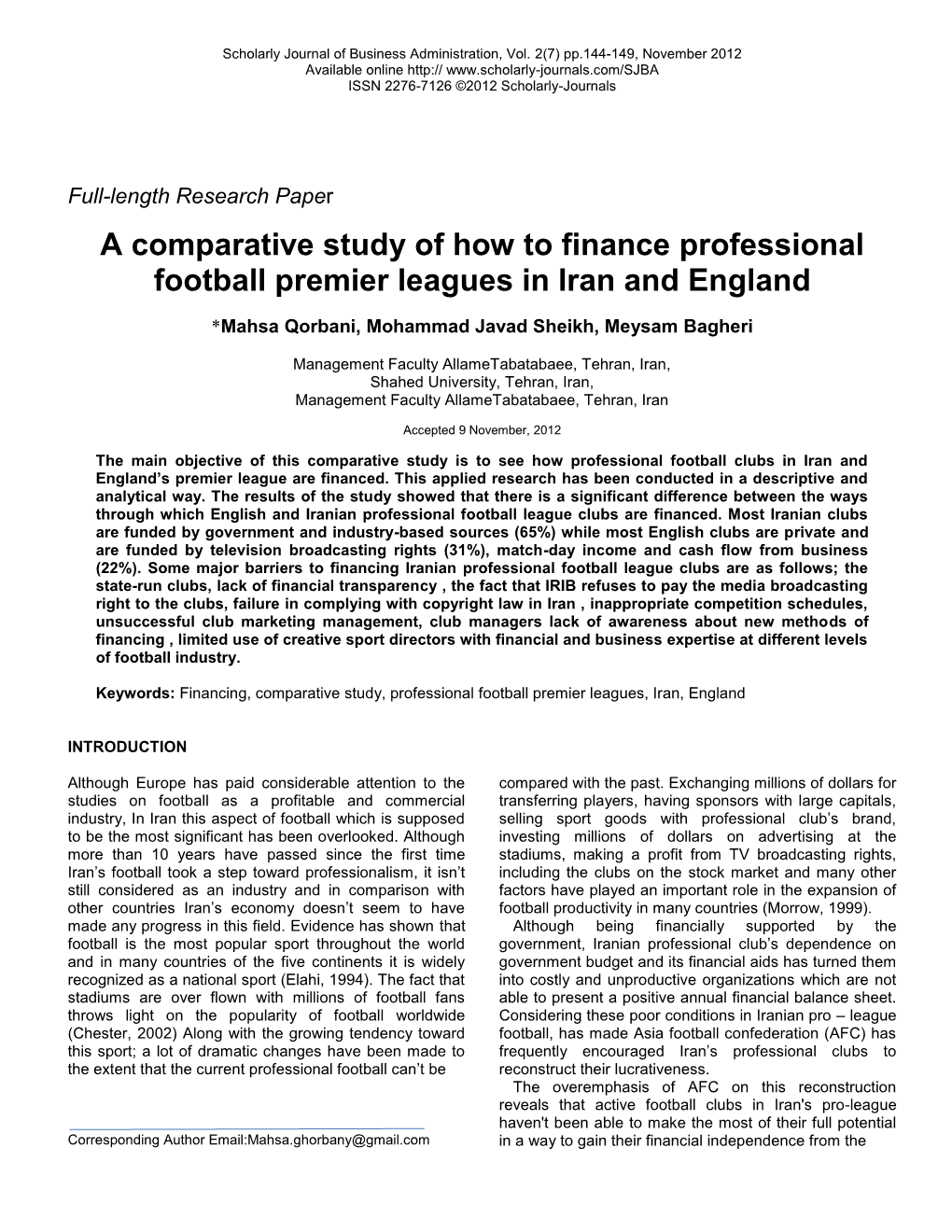 A Comparative Study of How to Finance Professional Football Premier Leagues in Iran and England