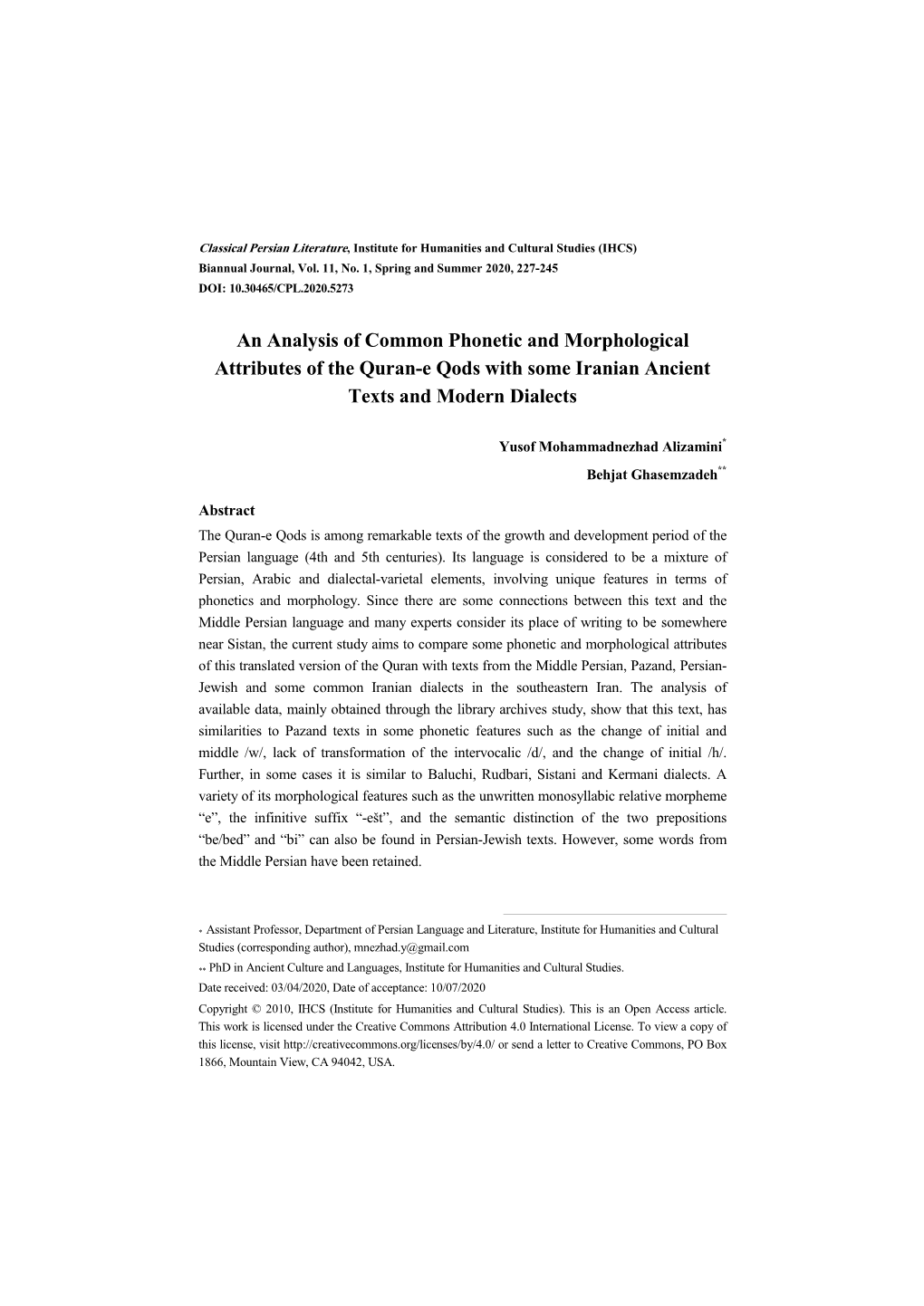 An Analysis of Common Phonetic and Morphological Attributes of the Quran-E Qods with Some Iranian Ancient Texts and Modern Dialects