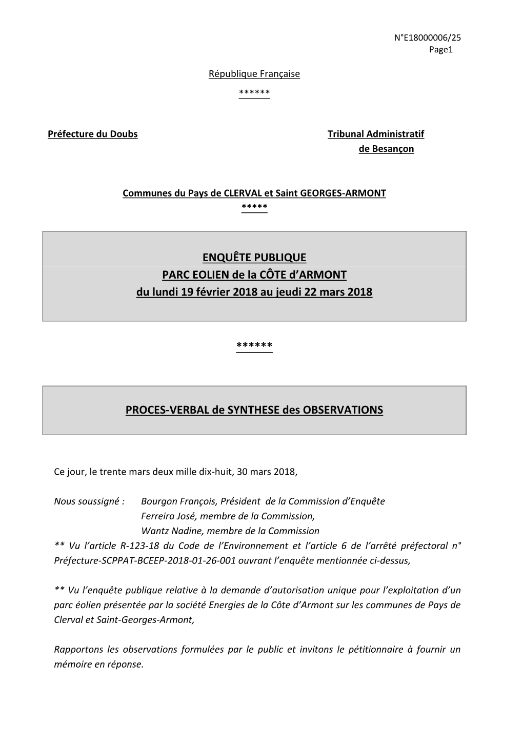 ENQUÊTE PUBLIQUE PARC EOLIEN De La CÔTE D'armont Du Lundi 19