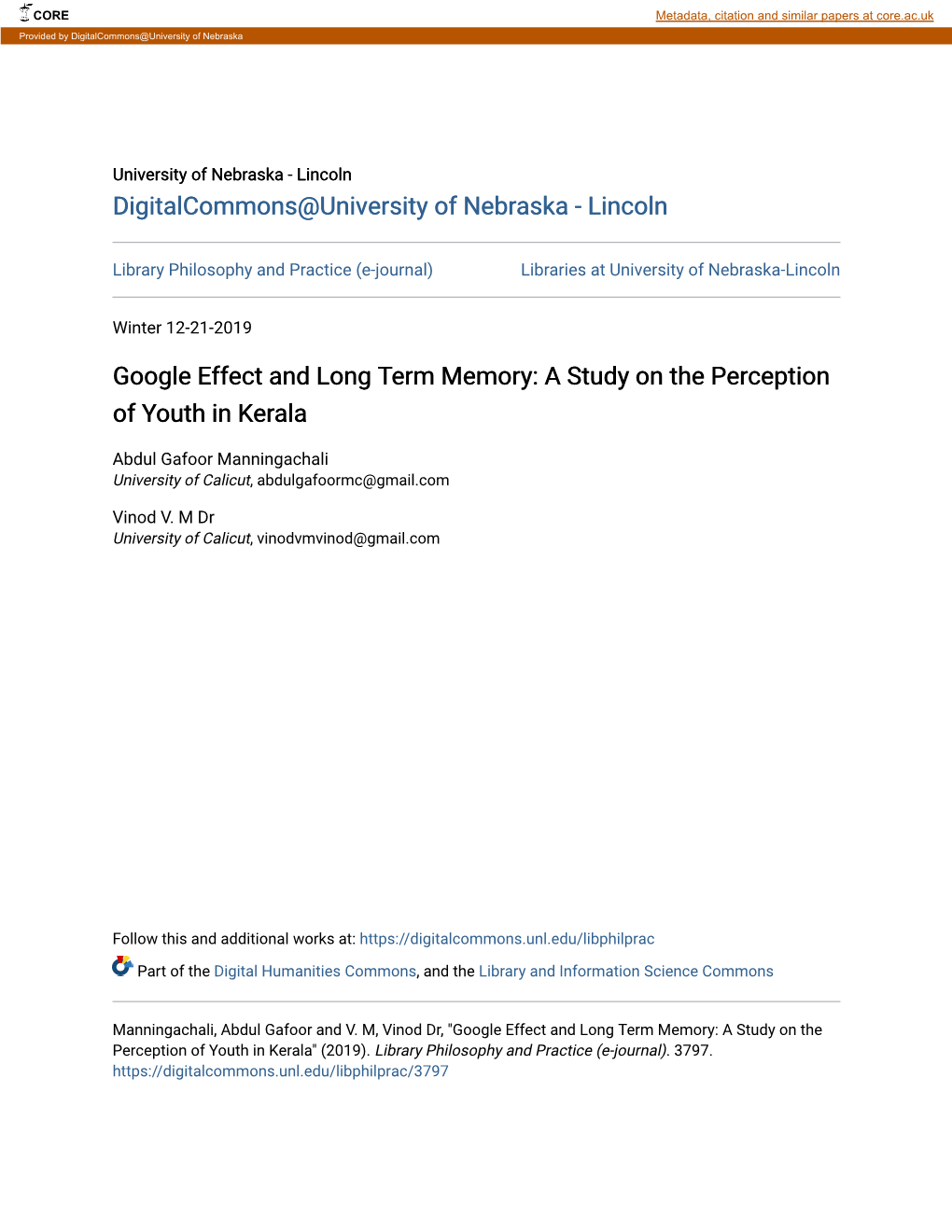Google Effect and Long Term Memory: a Study on the Perception of Youth in Kerala