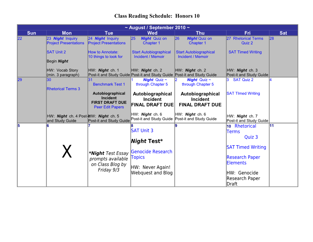 Class Reading Schedule: Honors 10