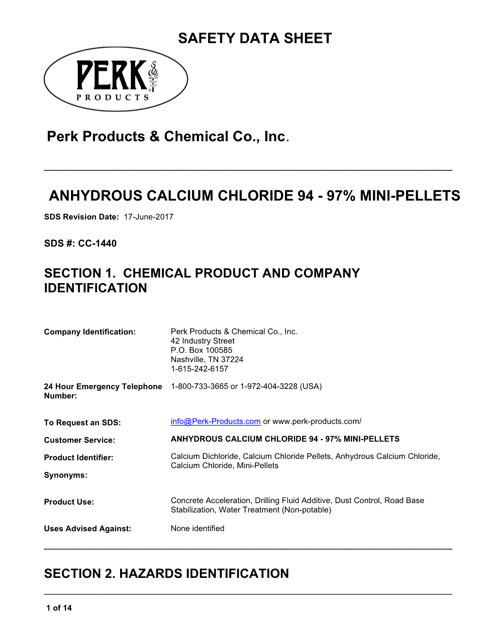 Safety Data Sheet Anhydrous Calcium Chloride 94